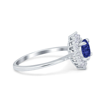 Halo Engagement Ring Vintage Round Simulated Blue Sapphire CZ 925 Sterling Silver